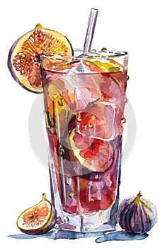 Refreshing Fig and Mint Iced Tea Watercolor Illustration