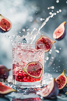 Refreshing Fig and Pomegranate Cocktail Splash on a Vibrant Background