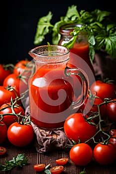 Refreshing freshly squeezed tomato juice on rustic dark background, perfect for a delicious beverage