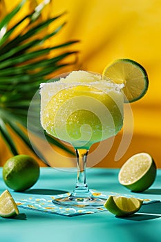 Refreshing Frozen Margarita Cocktail with Palm Leaf