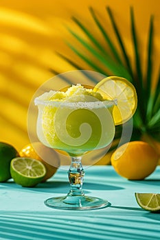 Refreshing Frozen Margarita Cocktail with Palm Leaf