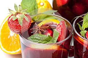 Refreshing fruit sangria, closeup