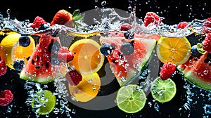 Refreshing fruit splash: fresh fruits submerged in water on black background