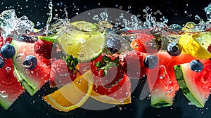 Refreshing fruit splash: fresh fruits submerged in water on black background