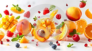 Refreshing fruit splash: fresh fruits submerged in water on white background