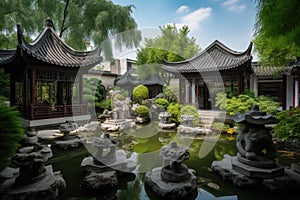 refreshing garden with water features and stone lanterns, surrounded by chinese pagodas