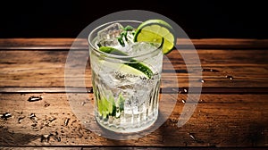 Refreshing Gin And Tonic On Wooden Table - Top View photo