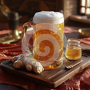 Refreshing ginger beer mug with foam on rustic wooden tray photo