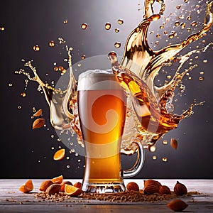 Refreshing glass of beer alcholoic drink with foam and splash effect