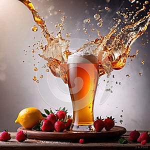 Refreshing glass of beer alcholoic drink with foam and splash effect