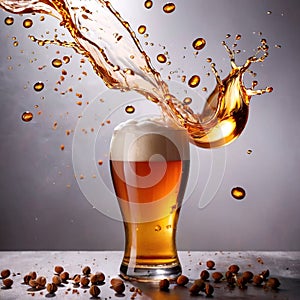 Refreshing glass of beer alcholoic drink with foam and splash effect