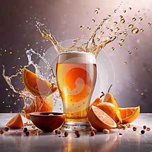 Refreshing glass of beer alcholoic drink with foam and splash effect