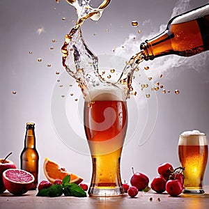 Refreshing glass of beer alcholoic drink with foam and splash effect