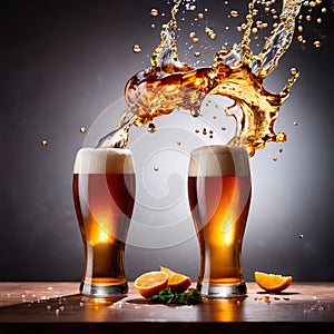 Refreshing glass of beer alcholoic drink with foam and splash effect