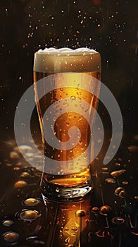 Refreshing glass of beer with bubbling foam, set against a dark, moody background with droplets and condensation