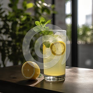 Refreshing glass of ice-cold lemonade with lemon slices and mint garnish