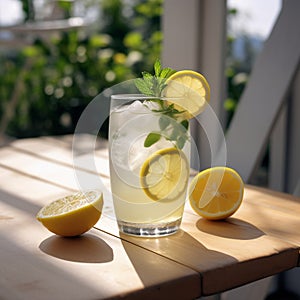 Refreshing glass of ice-cold lemonade with lemon slices and mint garnish