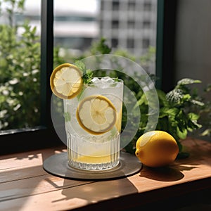 Refreshing glass of ice-cold lemonade with lemon slices and mint garnish