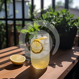 Refreshing glass of ice-cold lemonade with lemon slices and mint garnish