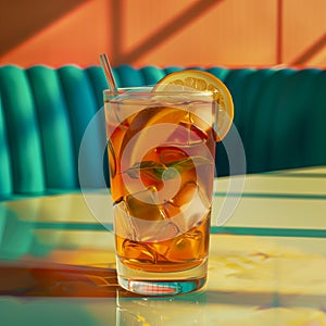 Refreshing glass of iced tea, with ice and lemon, the sun shines through the window, creating long shadows, on a contemporary