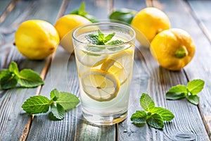 Lemonade. Water with lemon and mint in a glass on table photo