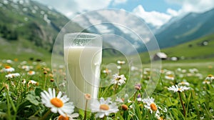 A refreshing glass of milk on a meadow with daisies overlooking a scenic mountain landscape under a blue sky.Generative AI