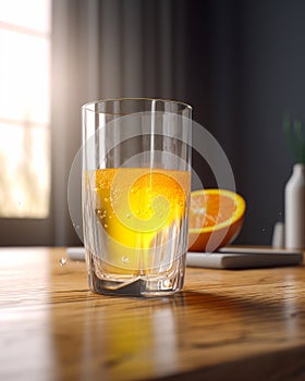 Refreshing glass of orange juice on a table. A glass of orange juice on a table