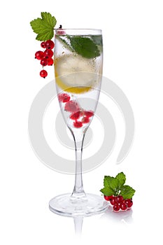 Refreshing glass of water with lemon Red currant isolated ,in a glass for champagne