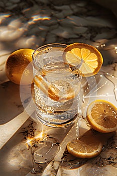 A refreshing glass of water with Meyer lemon slices on a table