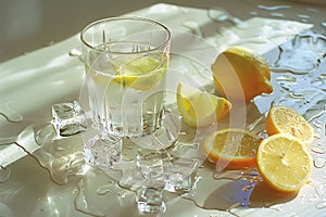 Refreshing glass of water with Rangpur lemon slices and ice cubes on a table