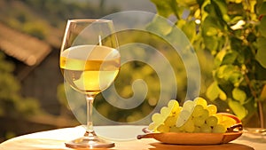 A refreshing glass of white wine sits next to a bunch of fresh grapes, creating a delightful pairing of flavors, Glass of white