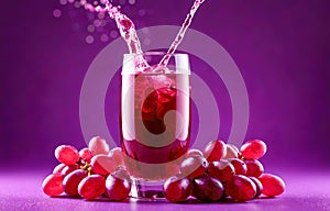 Refreshing grape juice, splash in clear glass. splash of grape juice in glass surrounded by fresh grapes against purple backdrop