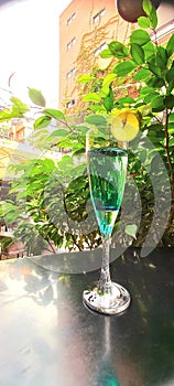 a green drink on the table of a patio in a city photo