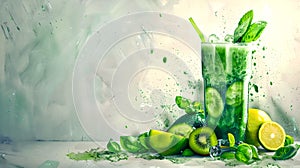 Refreshing Green Detox Smoothie with Splashing Effect against a Neutral Background, Healthy Drink Concept, Modern