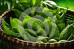 Refreshing Green Vegetables in Dewy Basket - Health & Wellness Still Life