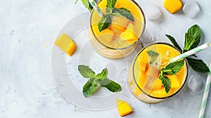 Refreshing and healthy mango smoothie in tall glasses