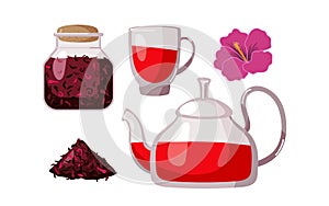 Refreshing hibiscus tea. Glass cup and teapot with tea, dry hibiscus petals, fresh flower. Full dry petal jar closed