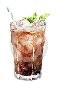 Refreshing Iced Coffee with Basil Garnish and Straw in Glass