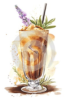 Refreshing Iced Coffee with Basil Garnish and Straw in Glass