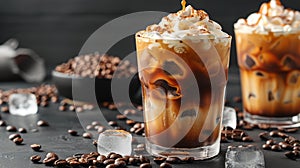 Refreshing iced coffee with cream and caramel on a dark background