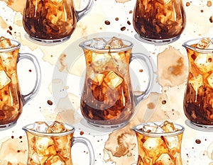 Refreshing Iced Coffee Drinks Watercolor Pattern with Splashes