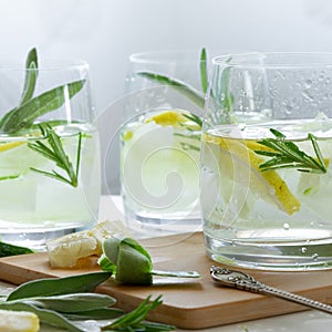 Refreshing iced drink with lemon and fresh rosemary