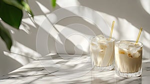 Refreshing Iced Drinks on a Marble Table.Generative AI