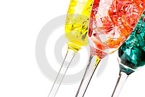 Refreshing iced drinks in transparent glasses closeup copy-space