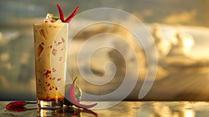 A refreshing iced latte with chili infusion enjoys the last rays of the sun, perfect for an evening unwind with a