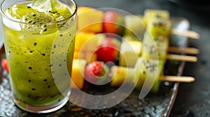 A refreshing iced matcha tea served with a side of tropical fruit skewers for a healthy and energizing tea break photo