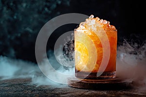 Refreshing Iced Orange Cocktail with Smoke Effect on Dark Background.