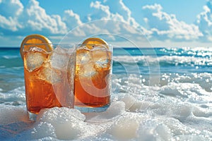 Refreshing iced tea drinks by the ocean waves