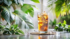 Refreshing iced tea with ice cubes in a glass, surrounded by lush greenery. Generative AI