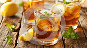 Refreshing Iced Tea with Lemon and Mint on Wooden Table